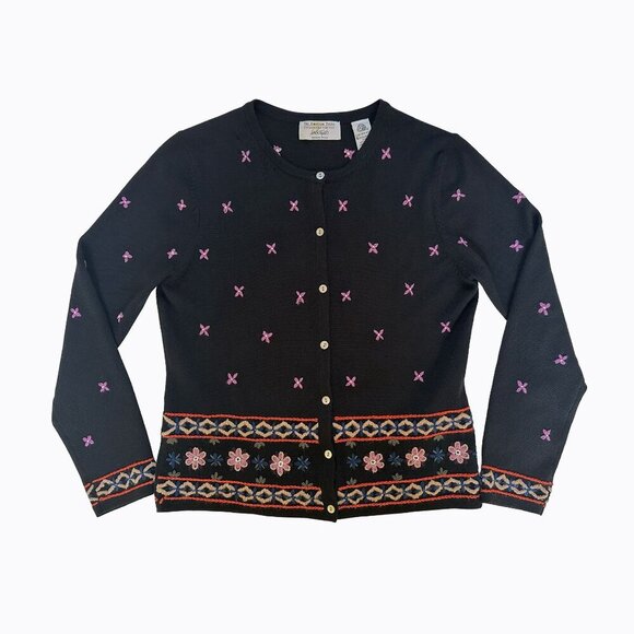 Lord&Taylor Black Cardigan Sz PM Floral Embroidered Merino Wool Boho Cottagecore - Picture 8 of 8